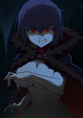 absurdres big_breasts blue_hair breasts cape ciel_(tsukihime) covering_breasts covering_privates crest dark_persona enormous_breasts female fingernails fur-trimmed_cape fur_trim highres huge_breasts indoors large_breasts looking_at_viewer male male_in_female_body michael_roa_valdamjong naked_cape neva_(dir4ct_c) oerba_yun_fang plump possessed possession red_eyes roa-ciel sharp_fingernails sharp_teeth short_hair teeth thick tsukihime tsukihime_(remake) upper_body very_long_cape wide_hips