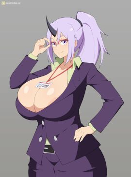 artist_name belt blazer breasts cleavage closed_mouth cowboy_shot dot_nose eyelashes female female_focus glasses green_shirt grey_background hand_on_own_hip horns jacket long_hair looking_at_viewer matching_hair/eyes notkadraw office_lady oni pants ponytail purple_eyes purple_hair purple_jacket purple_pants red-framed_eyewear semi-rimless_eyewear shion_(tensei_shitara_slime_datta_ken) shion_(tensura) shirt simple_background single_horn smile solo standing tensei_shitara_slime_datta_ken under-rim_eyewear