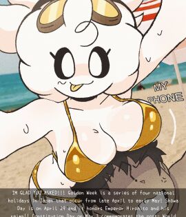 1boy 1girls anthro beach bikini blush breasts breasts_on_head dialogue female glasses_on_head goggles golden_bikini male rider_png ryder_momo senni_(riddledout) sweat tongue tongue_out white_skin