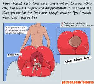 1boy 1girls anal big_ass big_breasts big_penis breasts colored cum_through doggy_style dominated edit excessive_cum female hyper_ass hyper_breasts hyper_penetration hyper_penis it'll_never_fit male penis red_skin red_slime shiin_(edit) sketch text tolderus too_big tyros_(tolderus)