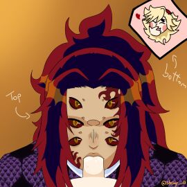 6_eyes blowjob blush demon demon_slayer douma duo face_closeup gay gay_sex kimetsu_no_yaiba kokushibo male multi_eye non-human red_hair upper_moon