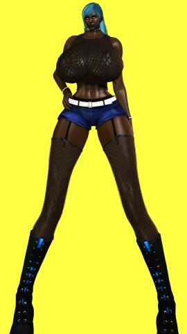 1girls 3d abs big_breasts big_feet blue_hair breasts choker dark-skinned_female dark_skin female fishnet fishnets giantess huge_breasts huge_legs legs long_legs race_swap sfm shorts source_filmmaker trish-una17 wide_hips