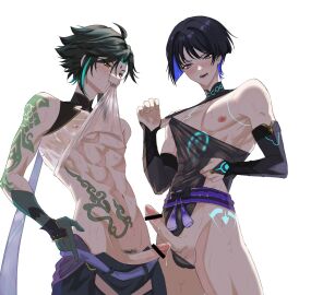 2boys abs arm_tattoo balls bar_censor black_hair black_sleeves blue_hair censored clothes_lift didin_ed duo erection facial_mark forehead_mark gay genshin_impact gloves green_gloves green_hair hair_between_eyes highres japanese_clothes male male_focus multicolored_hair multiple_boys multiple_males muscular muscular_male nipples open_clothes open_mouth open_shirt penis pubic_hair purple_eyes scaramouche_(genshin_impact) shirt_lift short_hair stomach_tattoo tattoo testicles wanderer_(genshin_impact) white_background xiao_(genshin_impact) yaoi yellow_eyes