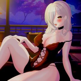 akira_virtual ayano_akira babydoll bangs blush breasts collar female large_breasts tongue tongue_out virtual_youtuber white_hair