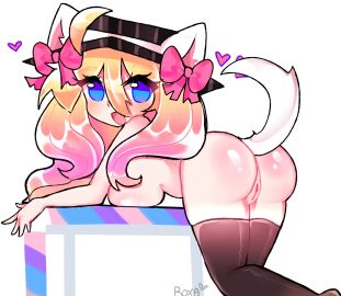 1girls artist_signature ass ass_focus bending_over blue_eyes breasts cat_ears edit fedora female gradient_hair heart pussy roblox roblox_avatar robloxian roxa_(roxapox) roxapox simple_background stockings tagme tail third-party_edit topless