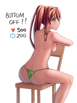 1girls allybun69 ass back back_view boobs breasts chair doki_doki_literature_club english_text female female_focus green_eyes heart_icon monika_(doki_doki_literature_club) retweet_icon sideboob solo_focus strip_game text