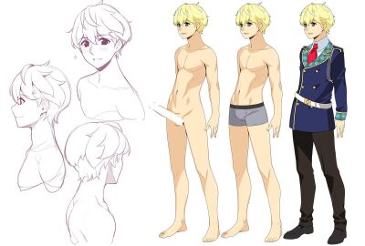 1boy abs aiguillette balls bar_censor barefoot belt bishounen blonde_hair blue_eyes blue_jacket blush boxer_briefs buttons censored clothes_on/clothes_off collarbone collared_shirt commentary_request completely_nude cropped_torso double-breasted erection from_side full_body hair_between_eyes ino_(magloid) jacket kurota_toshihito lapels large_penis looking_at_viewer male male_underwear military_jacket multiple_views navel necktie no_nipples nude otomege_no_akuyaku_mob_sono_2_wa_hametsu_end_wo_kaihi_shitai. pants parted_lips penis plaid_lapels plaid_sleeves portrait profile red_necktie reference_sheet school_uniform shirt shoes short_hair shoulder_boards smile sparkle standing testicles underwear variations white_background white_shirt