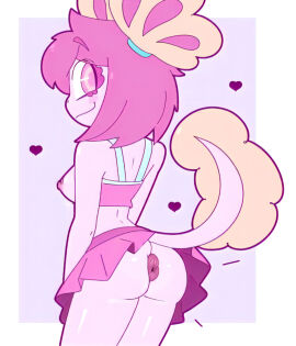 anthro anus ass axolotl back_view bra breasts clothed exposed_breasts female female_only heart_symbol long_tail mandoy1o1 nipples pink_body pink_eyes pink_hair skirt vitzy_(vitzypie)