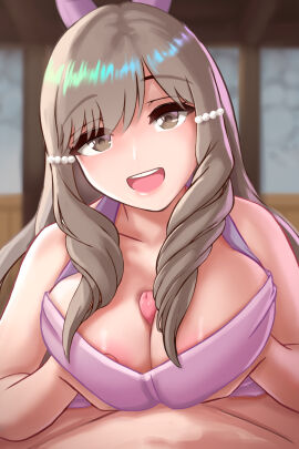 1boy 1girls :d alternate_breast_size apron apron_only areola_slip areolae bangs bare_arms big_breasts breast_press breast_squeeze breasts brown_eyes brown_hair ciderwrath cleavage female female_focus fire_emblem fire_emblem_awakening hair_ornament happy happy_paizuri happy_sex indoors large_breasts light-skinned_female light-skinned_male light_skin long_hair looking_at_viewer male male_pov naked_apron nintendo nipple_slip nipples open_mouth paizuri penis pov sex smile solo_focus straight sumia_(fire_emblem) very_long_hair