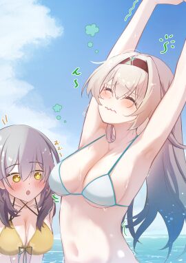 2girls beach blush breasts exposed_breasts firefly_(honkai:_star_rail) gold_swimsuit grey_hair honkai:_star_rail hoyoverse mihoyo multicolored_hair multiple_girls staring_at_breasts stelle_(honkai:_star_rail) swimsuit white_swimsuit yellow_eyes