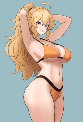 1girls alternate_hairstyle armpits arms_behind_head big_breasts bikini blonde_hair bojack198 breasts busty cleavage confident female female_only highres large_breasts legs long_hair looking_at_viewer navel orange_bikini parted_lips ponytail pose posing purple_eyes rooster_teeth rwby seductive_smile sensual sexy sexy_armpits sexy_pose sideboob smile solo swimsuit teeth thighs thong_bikini toned voluptuous wavy_hair yang_xiao_long