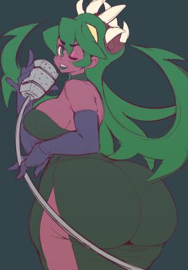 ass big_ass breasts dark-skinned_female dark_skin dress female fukua_(skullgirls) green_eyes green_hair huge_ass large_breasts microphone sideboob skullgirls tecfuzz thick_thighs wink