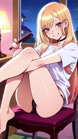 ai_generated blonde_hair chair comb girl kitagawa_marin long_hair night nucharona panties smile sono_bisque_doll_wa_koi_wo_suru tagme video