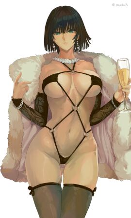 absurdres alcohol bikini black_bikini black_hair breasts champagne cup earrings female fubuki_(one-punch_man) fur_jacket green_eyes groin highleg highleg_bikini highres hip_focus holding holding_cup jacket jewelry large_breasts looking_at_viewer micro_bikini navel necklace one-punch_man solo stomach swimsuit thighhighs thighs tight_clothes underboob xsatoh