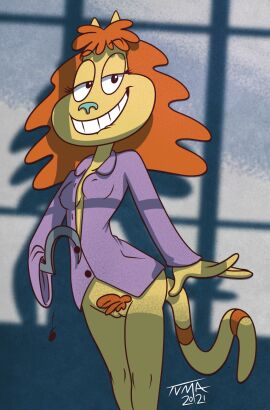 breasts domestic_cat dr._hutchison felid feline felis female genitals hair hi_res mammal nickelodeon orange_hair pubes pussy rocko's_modern_life smile solo teeth tvma