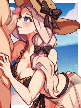 1boy 1girls alternate_costume balls bare_arms bare_midriff bare_shoulders bare_thighs beach bent_over bikini blonde_hair blue_eyes breasts brown_bikini brown_hair brown_swimsuit censored cleavage collarbone female female_focus fire_emblem fire_emblem:_three_houses fire_emblem_heroes hair_over_shoulder hat imminent_fellatio imminent_oral imminent_sex large_breasts light-skinned_female light-skinned_male light_skin long_hair male mercedes_von_martritz mercedes_von_martritz_(summer) midriff mimizunooka nintendo ocean official_alternate_costume open_mouth outdoors penis penis_awe penis_on_face sarong see-through shoulders side_ponytail smile solo_focus sun_hat sweat swimsuit testicles thighs