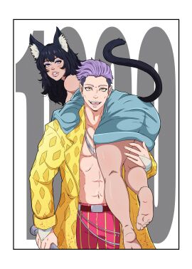 abs barefoot black_hair blue_shirt blue_sweater blush carrying carrying_over_shoulder carrying_partner cat_ears cat_girl cat_tail catgirl dbd dead_by_daylight female follower_celebration looking_at_viewer milestone_celebration neko northmancreates plump_lips purple_eyes thatspookynekogirl the_trickster thick_thighs twitch virtual_youtuber vtuber