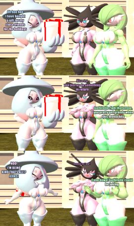 3d 3d_(artwork) 3girls big_thighs bikini breasts christmas comic comic_strip cute day daytime detrun female female_only friends furaffinity_link furaffinity_username gardevoir generation_3_pokemon generation_5_pokemon generation_8_pokemon goth goth_girl gothitelle grass hatterene house joking large_thighs lesbian lesbians lingerie mostly_naked mostly_naked_female mostly_nude mostly_nude_female nintendo nipples nipples_visible_through_clothing no_sex outside pokemon pokemon_(species) present small_clothes small_clothing source_filmmaker source_filmmaker_(artwork) stockings text witch