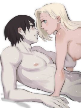 1boy 1girls abs absurd_res areolae bed bedding bedsheets black_eyes black_hair blonde_hair blue_eyes blur blur_censor blur_censorship blurry blush boruto:_naruto_next_generations breasts canon_couple censored comic couple cowgirl_position dominant_female ear_piercing earrings eye_contact female female_on_top femdom hair_over_one_eye hi_res high_resolution highres husband_and_wife ino_yamanaka jewelry light-skinned_female light-skinned_male light_skin lips lipstick looking_at_another looking_at_partner makeup male male/female married_couple monday_mint naruto naruto:_the_last naruto_(series) naruto_shippuden nipples on_back on_bed pale-skinned_female pale-skinned_male pale_skin parted_lips pink_lips pink_lipstick pink_nipples pubes pubic_hair romantic_ambiance romantic_couple sai shounen_jump shueisha sitting sitting_on_lap sitting_on_person story straight submissive_male toned toned_arms toned_male topless topless_female topless_male very_high_resolution white_background yamanaka_ino