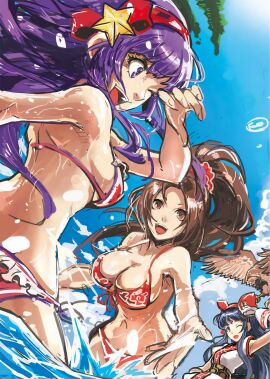 3girls ainu_clothes arm_up armpits ass athena_asamiya beach big_breasts bikini bird blue_eyes blue_hair breasts brown_eyes brown_hair busty cleavage fatal_fury female female_focus female_only frilled_bikini frills happy highres king_of_fighters king_of_fighters_xiv large_breasts legs long_hair mai_shiranui mamahaha matching_hair/eyes multiple_females multiple_girls nakoruru navel ninja ocean official_art one_eye_closed open_mouth polka_dot polka_dot_bikini ponytail psycho_soldier purple_eyes purple_hair red_bikini s.n.x samurai_shodown side-tie_bikini_bottom sideboob smile snk splashing swimsuit thighs voluptuous water