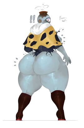 1_eye absurd_res areola ass big_ass big_breasts big_butt blue_areola blue_body blue_clothing blue_topwear blush blush_lines boots bottomless breasts brown_boots brown_clothing brown_footwear cape clothed clothing cross-popping_vein cyclops exclamation_point exposed_breasts eyelashes female footwear hi_res huge_ass huge_butt humanoid jogo jogo_(jujutsu_kaisen) jujutsu_kaisen looking_at_viewer looking_back looking_back_at_viewer parasytal rear_view red_eyes shoes simple_background solo text thick_thighs topwear white_background wide_hips yellow_cape yellow_clothing