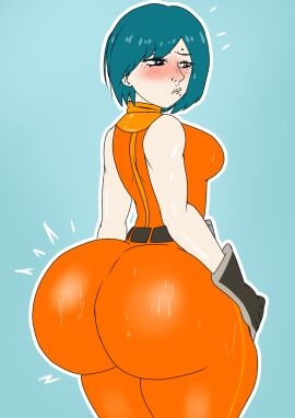 1girls 2d blush fat_ass female jumpsuit mole_on_face motorslice p_(motorslice) shy sssbrett sweating