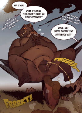 2025 5_fingers 5_toes anthro anus balls black_nose bodily_fluids captain_nikko darkened_balls darkened_genitalia darkened_penis dialogue english_text exhibitionism fart fart_fetish feces feet fingers flaccid flat_colors foreskin genital_fluids genitals grass gulonine hammer hammock hi_res humanoid_genitalia humanoid_penis long_foreskin male mammal mustelid musteline nude offscreen_character onomatopoeia outdoor_pee peeing penis plant profanity red_eyes scat soles solo sound_effects speech_bubble text toes tools tree uncircumcised unretracted_foreskin urinating urinating_male urinating_while_defecating urination urine watersports wilbur_(captain_nikko) wolverine yellow_sclera