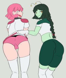 2girls alien alien_girl ass astronaut cameltoe corki_(pylons) embarrassed female green_skin lifting_skirt mitts_(pylons) multiple_females multiple_girls original panties pink_panties pussy pylons upskirt