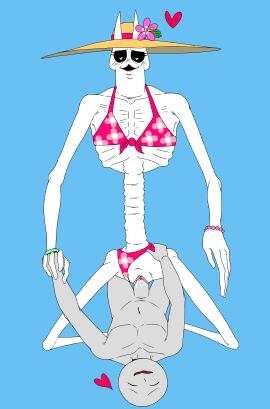 2024 bikini bikini_aside blue_background blush cowgirl_position cum cum_in_pussy cum_inside fabulous_pasalan female hand_holding hat heart heart-shaped_pupils human human_penetrating interspecies lipstick looking_at_another looking_pleasured male on_model penis pussy size_difference the_battle_cats video_games what