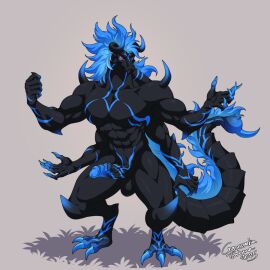 1:1 3_toes 5_fingers abs arachnid arm_spikes arthropod balls biceps black_body blue_hair claws crescentia_fortuna deltoids digitigrade dragon erection feet fingers genitals hair hi_res horn humanoid_genitalia humanoid_penis hybrid hybrid_genitalia hybrid_penis knee_spikes leg_spikes male muscular muscular_male mythological_creature mythological_scalie mythology nude pecs penis pupils quads red_eyes ridged_penis scalie scorpion segmented_tail shoulder_spikes slit_pupils solo spikes spikes_(anatomy) stinger stinger_tail toes