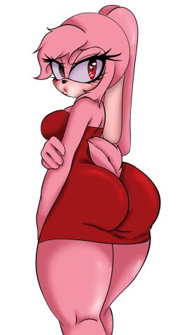 ass big_ass big_breasts breasts bunny bunny_ears bunny_tail dress female from_behind looking_at_viewer looking_back original_character pink_body pink_fur pink_hair puckered_lips red_eyes sonic_(series) sonic_the_hedgehog_(series) sophie_queen11