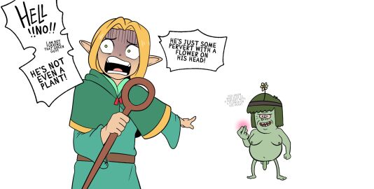 1boy 1girls 2024 3_toes 5_fingers accessory angry balls bangs belly belt black_eyebrows black_text blonde_hair brown_belt cartoon_network cloak clothed clothed_female clothed_humanoid clothing crossover delicious_in_dungeon dialogue dungeon_meshi duo eastern_and_western_character elf english_text eyebrows feet female female_humanoid fingers flower genitals gesture green_balls green_body green_hair green_nipples green_penis green_skin grey_text hand_gesture headband hi_res holding_object holding_staff humanoid humanoid_pointy_ears humor long_hair long_sleeves male male_humanoid mammal marcille_donato moobs mrbooshmaster muscle_man_(regular_show) muscles navel nipples nude nude_humanoid nude_male open_mouth overweight overweight_humanoid overweight_male penis pink_sclera pink_tongue plant pointing profanity regular_show shirt simple_background snap speech_bubble staff teal_cloak teal_clothing teal_shirt teal_topwear teal_tunic teeth text toes tongue topwear tunic white_background white_flower wide_eyed