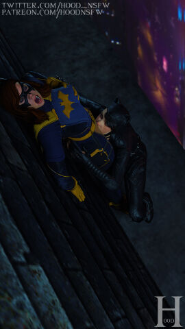 2girls 3d barbara_gordon batgirl batgirl_(gotham_knights) batman:_arkham_knight batman_(series) bodysuit breasts catwoman catwoman_(arkham) catwoman_(arkham_knight) closed_eyes cunnilingus dc dc_comics female female_on_female female_only ginger gloves gotham_knights grabbing_own_breast multiple_females multiple_girls open_mouth pleasure_face pussy pussy_licking self_upload selina_kyle sfm_hood squatting squatting_oral_position standing superhero_costume superheroine
