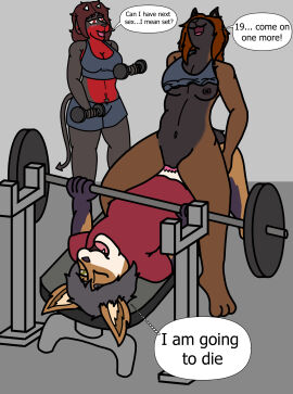 absurd_res amber_brown anthro athletic_wear bench_press canid canid_demon canine canis cowgirl_position dank-artistic-fox demon domestic_dog exhibitionism female from_front_position german_shepherd group gym hellhound herding_dog hi_res jackal male male/female mammal morgan_moonshine mythological_canine mythological_creature mythology on_bottom on_top pastoral_dog sex tito_lupo trio