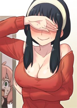 2girls anya_forger arm_under_breasts bare_shoulders big_breasts black_hair blush breasts cleavage closed_mouth collarbone commentary_request covered_erect_nipples covering_own_eyes dress female hairband heebee large_breasts medium_hair mother_and_daughter multiple_females multiple_girls no_bra off-shoulder_sweater off_shoulder pink_hair red_sweater sidelocks smile solo_focus spy_x_family surprised sweat sweater sweater_dress upper_body white_hairband yor_briar yor_forger