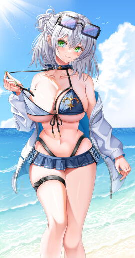 absurdres beach bikini bikini_skirt blue_bikini blue_sky blush breasts chest_belt choker cleavage cloud eyewear_on_head feet_out_of_frame female front-tie_bikini_top front-tie_top green_eyes grey_hair hair_bun highleg highleg_bikini highres hololive hololive_fantasy hololive_japan horizon jacket large_breasts looking_at_viewer medium_hair misoile mole mole_on_breast navel ocean official_alternate_costume open_clothes open_jacket outdoors shirogane_noel shirogane_noel_(summer_2020) short_hair single_hair_bun skirt sky smile solo standing sun sunglasses swimsuit thigh_strap two-tone_bikini virtual_youtuber water white_bikini white_jacket