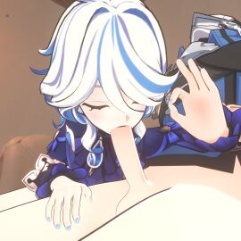 1boy 1girls 3d blowjob blue_hair blush closed_eyes fellatio female furina_(genshin_impact) genshin_impact male nude ok_sign penis petite pleasured sofa sucking_penis white_hair