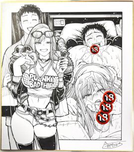 1boy 69 ass breasts canon_couple chiba_toshirou cleavage cum cum_on_body cum_on_hair denim denim_shorts donut ejaculation facial female food gojou_wakana handjob high_ponytail highres holding holding_ice_cream_cone ice_cream_cone kitagawa_marin large_breasts long_hair male monochrome photo_(medium) ponytail pussy pussy_juice shikishi short_hair short_shorts shorts sono_bisque_doll_wa_koi_wo_suru straight text_print traditional_media