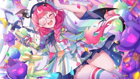 bangs blush braid camila_(vtuber) cimp_(camila) closed_eyes confetti demon demon_girl demon_tail fan_mascot_(vtuber) female glasses hat holding horns indie_virtual_youtuber long_hair marking_below_eyes open_mouth pink_hair pointy_ears round_eyewear round_glasses smile solo succubus tail thighhighs virtual_youtuber wings