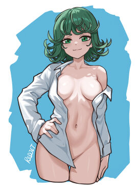 1girls artist_name barely_clothed breasts clever_censor female green-haired_female green_eyes green_hair light-skinned_female light_skin naked_female nipples_covered one-punch_man open_shirt petite pussy pussy_covered redjet small_breasts tatsumaki