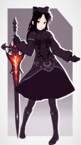 1girls 3d 3d_model black_hair boots female kaguya-sama_wa_kokurasetai_~tensai-tachi_no_renai_zunousen~ koikatsu mike_oxlong red_eyes shinomiya_kaguya solo_female sword weapon
