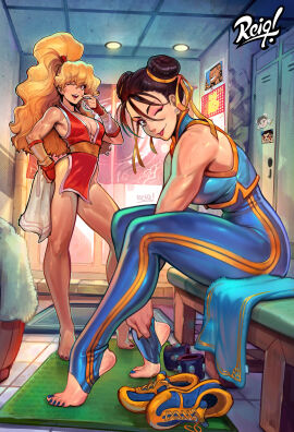 2girls barefoot blue_toenails breasts brown_hair chun-li cleavage double_bun earrings feet female female_only final_fight human jewelry locker_room makeup maki_genryusai multiple_females multiple_girls reiq shiny_skin shoes shoes_off shoes_removed sitting standing stirrup_legwear street_fighter street_fighter_alpha sweat toes tongue tongue_out wink winking_at_viewer