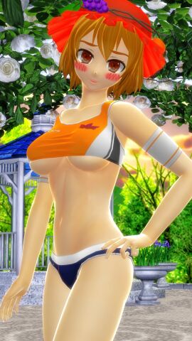 1girls 2023 3d belly_button blonde-haired_female blush clouds deity female garden goddess grapes hati_yukkuri_mmd light-skinned_female light_skin looking_at_viewer midriff mikumikudance minoriko_aki mmd mountain_of_faith outside red_eyes red_hat short-haired_female sky solo_female solo_focus sunset swimsuit touhou