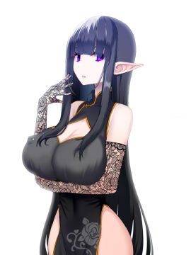 1girls areola_bulge black_hair breasts china_dress chinese_clothes cleavage cleavage_cutout cleavage_window elf elf_ears elf_female female female_focus gloves lace_gloves large_breasts long_hair navel_visible_through_clothes nipple_bulge okuri_banto original original_character pointy_ears purple_eyes simple_background solo solo_focus white_background