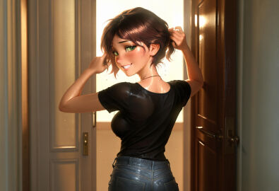 1girls adjusting_hair ai_generated arms_up ass aunt_cass big_hero_6 black_shirt blush breasts brown_hair cass_hamada denim disney door doorway dripping freckles from_behind green_eyes grin indoors jeans jewelry lips looking_at_viewer looking_back medium_breasts necklace open_door pants parted_lips shirt short_hair short_sleeves smile solo t-shirt teeth upper_body wet wet_clothes wet_hair wet_shirt