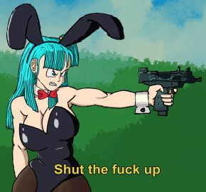 1girl 1girls blue_eyes blue_hair bubble_butt bulma bulma_(bunny) bulma_(dragon_ball) bulma_briefs busty_female dragon_ball dragon_ball_(classic) dragonball female female_focus female_only gun holding_weapon pissed_off solo solo_female solo_focus stfu tagme tagme_(artist) teenage_bulma thick_female thick_thighs unknown_artist uzi