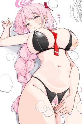 1girls blue_archive breasts dusu_(htkj) eimi_(blue_archive) female halo large_breasts laying_on_back light-skinned_female light_skin millennium_science_school_student nipples pink_hair pubic_hair super_phenomenon_task_force_(blue_archive) tie_between_breasts zipper zipper_down