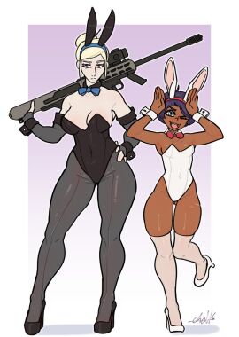 blonde_hair blue_eyes bow_tie bowtie breasts bunny_costume bunny_ears bunny_ears_(gesture) bunnysuit cuffs cuffs_(clothing) dark-skinned_female dark_skin digital_drawing_(artwork) digital_media_(artwork) duo duo_female easter female female_only gremlinchalk gun hand_on_hip high_heels kaylee_(gremlinchalk) light-skinned_female light_skin on_one_leg original_character original_characters pale-skinned_female pale_skin petite petite_body purple_hair scar scared scars sci-fi science_fiction sentinel_(gremlinchalk) simple_background size_difference small_breasts smaller_female sniper stockings taller_female thick_thighs thighhighs tired_eyes weapon wide_hips