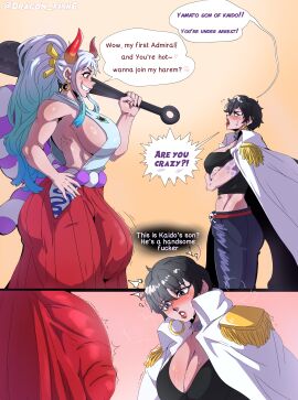 1futa 1girls 2d absurd_res artist_name bigger_dom bigger_futa black_hair bulge bulge_through_clothing clothed clothing color colored colored_text comic dialogue digital_media_(artwork) doll_(one_piece) dragon_fish6 embarrassed female futa_with_female futadom futanari goth goth_girl gothic highres horny horny_female imminent_sex intersex long_hair looking_at_another looking_at_partner looking_at_penis one_piece penis penis_awe short_hair shy size_difference smaller_female standing text twitter_logo twitter_username white_hair yamato_(one_piece)