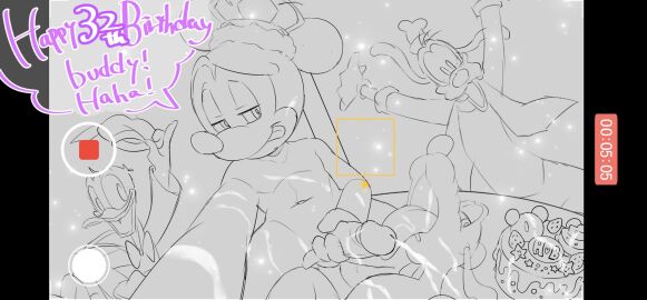 anthro avian bird birthday bodily_fluids cake canid canine canis cum dessert disney domestic_dog duck ejaculation feral food gay genital_fluids group hentaib hi_res male male/male mammal masturbation mickey_mouse monochrome mouse nude party penile penile_masturbation penis public_domain rodent